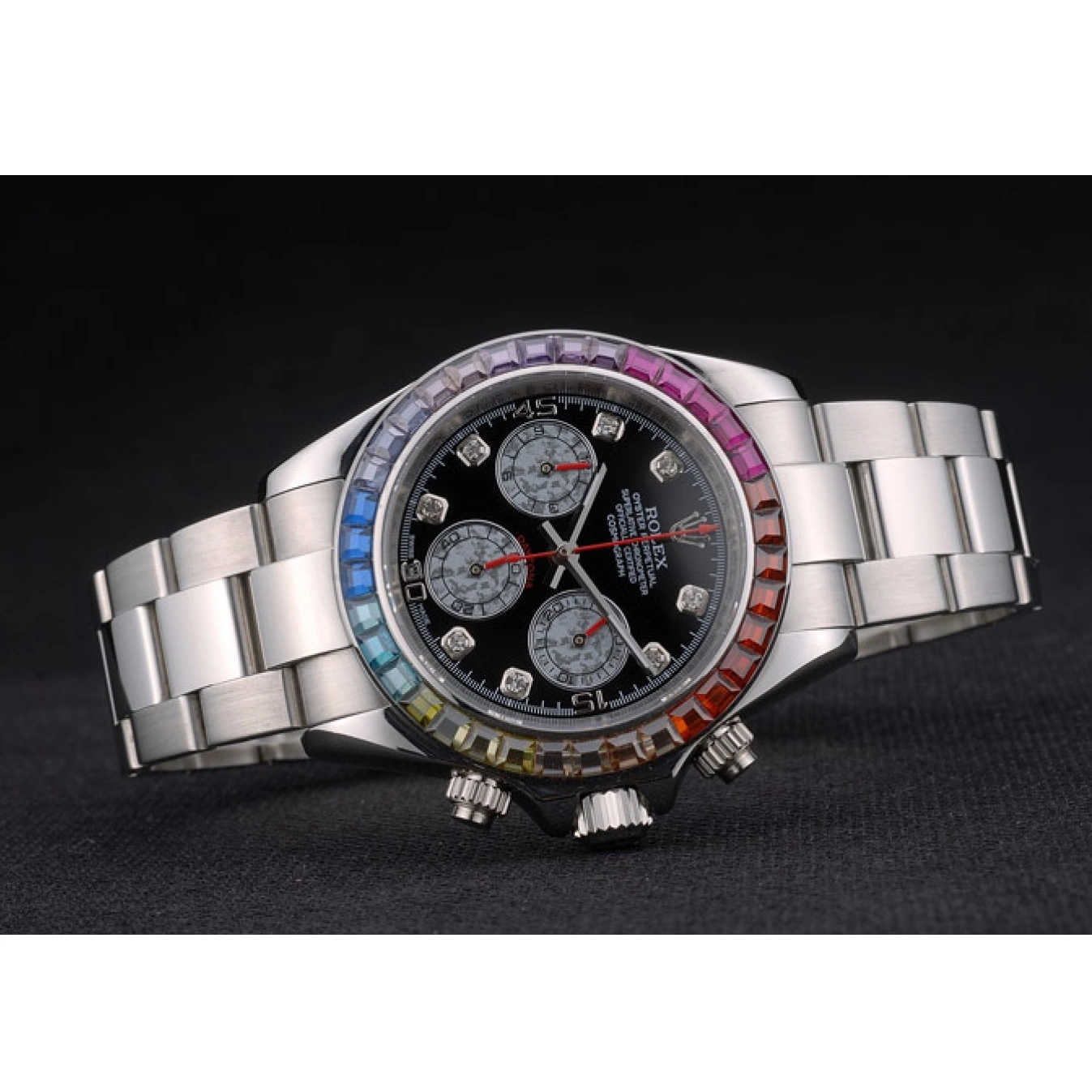 AAA replica watch Daytona Steep Dial Rolex Strap Rainbow Cosmograph 80250 Bezel Crystals Black Stainless 0604